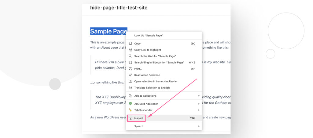 A WordPress page. The title is highlight and an arrow highlight the "Inspect" option available after the user right-clicked the highlighted page title