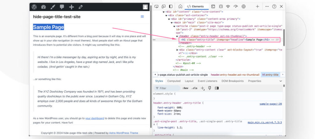 A WordPress page being inspected with browser developer tools. An arrow highlights the HTML class of this page's H1 tag