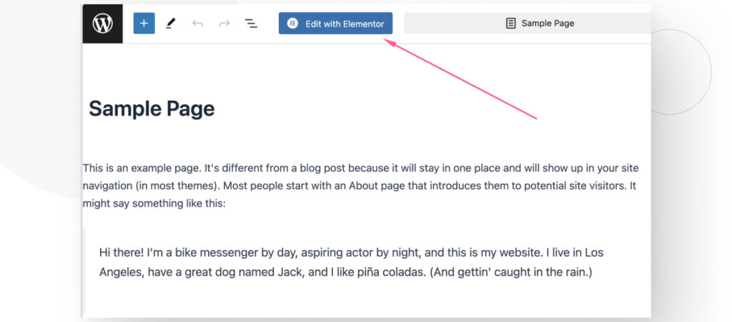 A WordPress page being edited in Gutenberg. An arrow highlights the "Edit with Elementor" button that appears when the Elementor plugin is installed