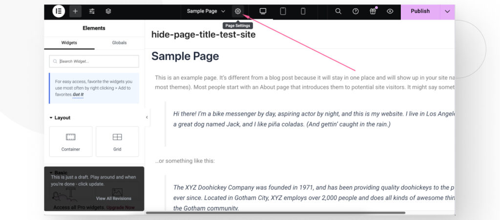 A WordPress page being edited in Elementor. An arrow highlights the "Page Settings" button that appears in the upper toolbar