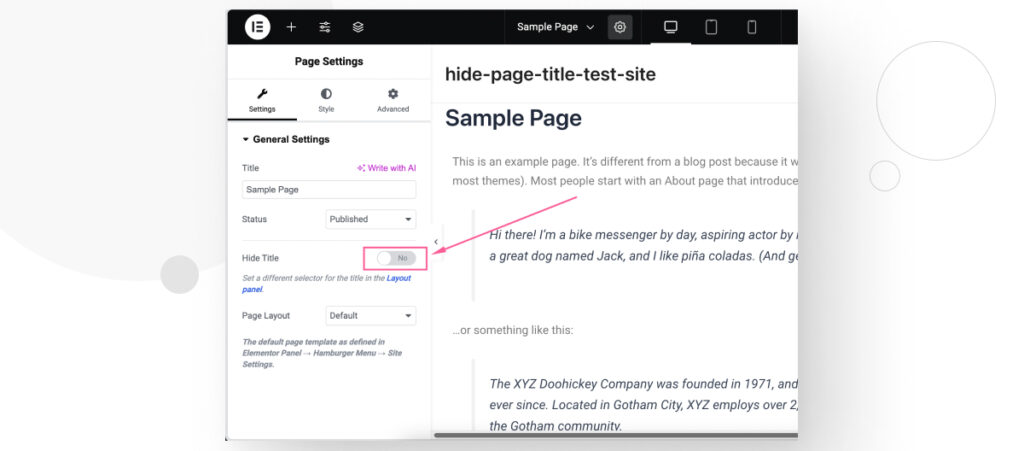 A WordPress page being edited in Elementor. An arrow highlights the "Hide Title" button in the "Page Settings" menu