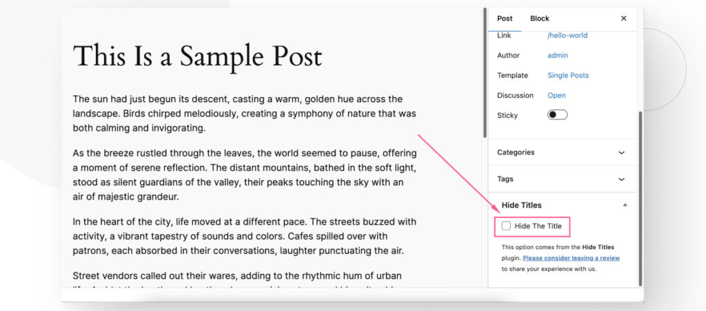 A WordPress post. An arrow points to the "Hide the Title" checkbox added by the plugin "Hide Titles"