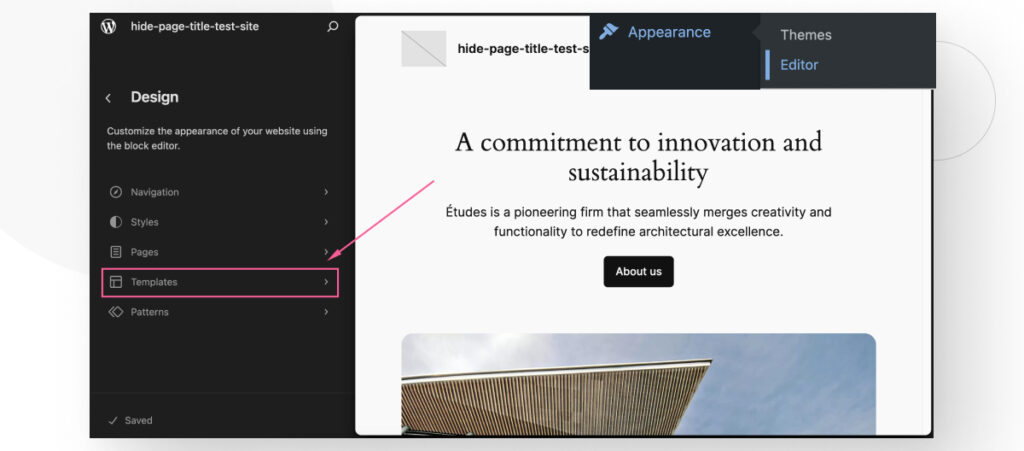 The Full Site Editor interface in WordPress. The "Templates" option is highlighted. 