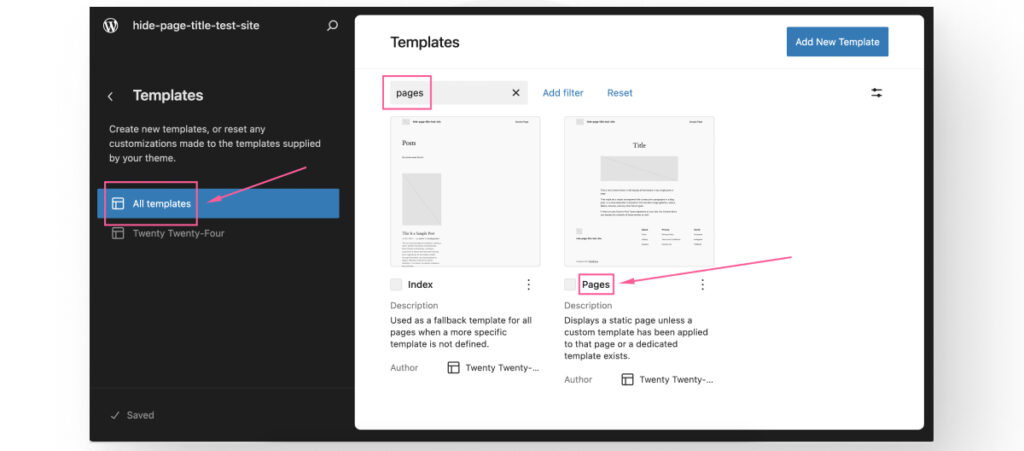 The "Templates" interface in WordPress's Full Site Editor. The "Pages" template is highlighted