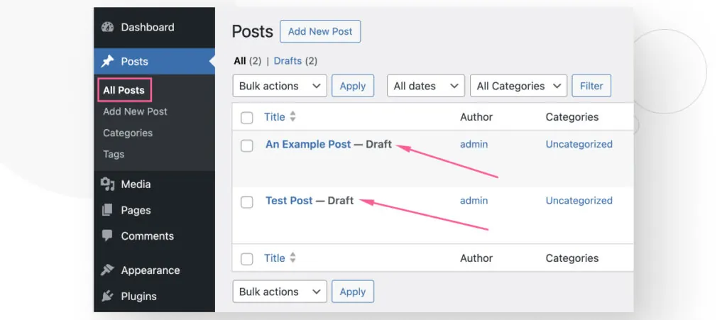 The WordPress "All Posts" interface. Arrows highlight the draft status of two posts