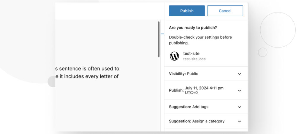 The WordPress Gutenberg interface. There are multiple settings related to content management, such as the post's visibility, publish date, and tags.