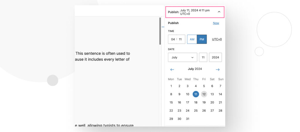 The WordPress Gutenberg interface. The "Publish" dropdown menu displays the time and date the post will be published on