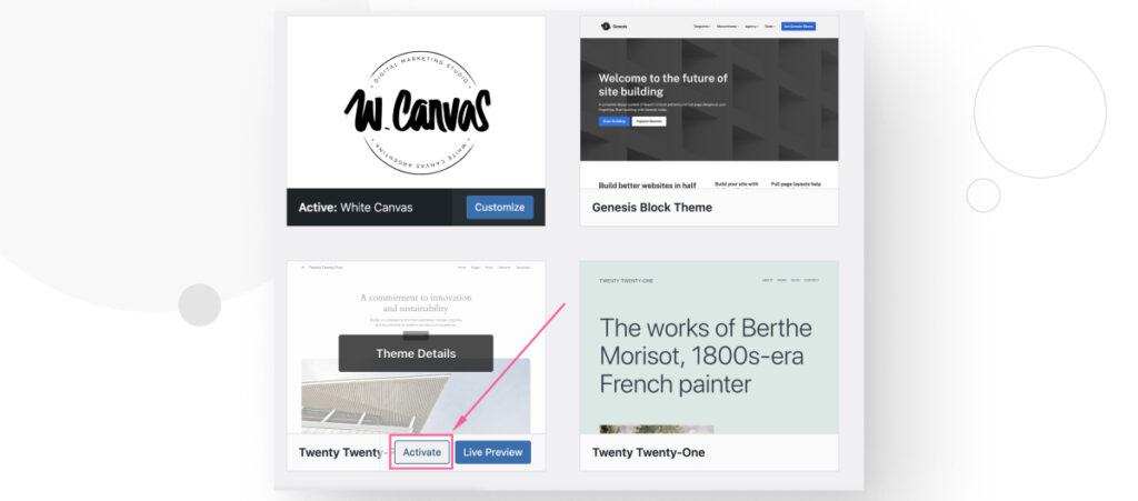 The Themes interface in WordPress. An arrow highlights the "Activate" button on one of the themes