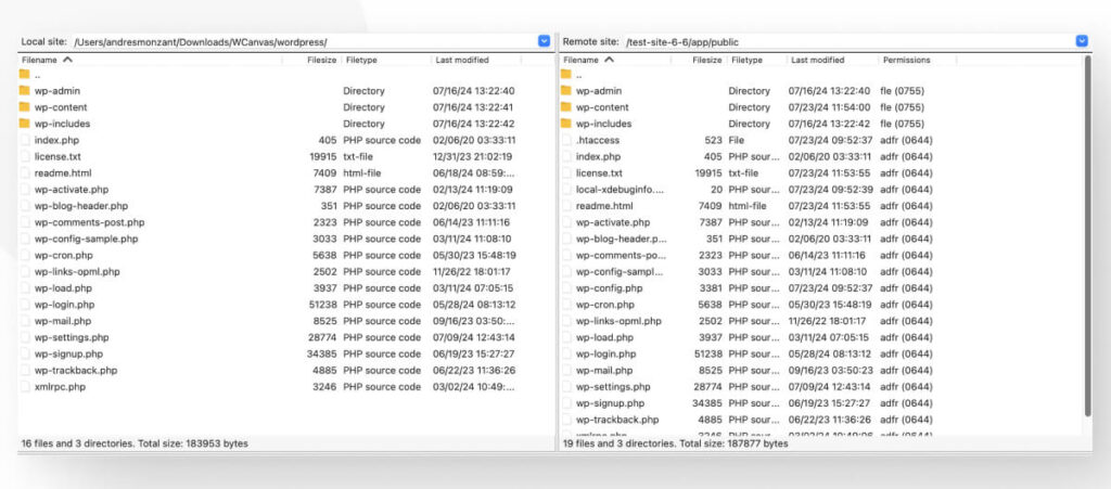 The FileZilla interface. The left side contains the files in the local device and the right side contains the files on the remote server