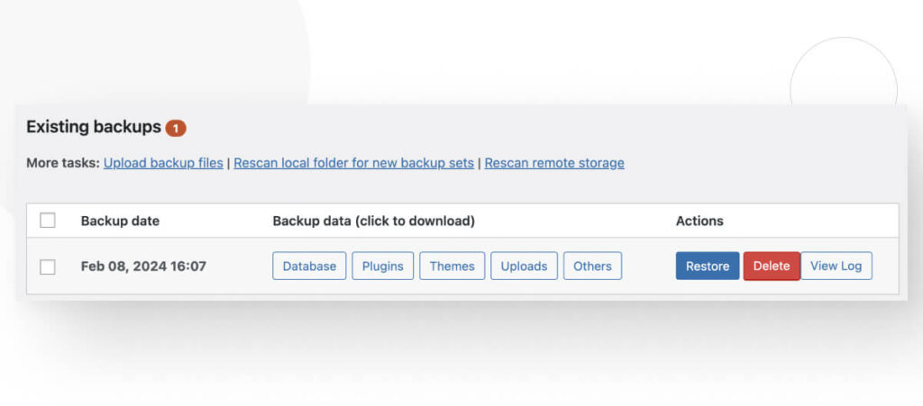 The "Existing backups" interface for the WordPress plugin UpdraftPlus