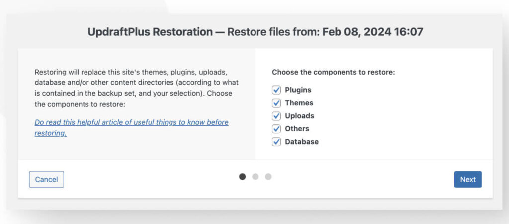 The "UpdraftPlus Restoration" interface for the WordPress plugin UpdraftPlus. Multiple checkboxes allow users to choose which elements they want to back up