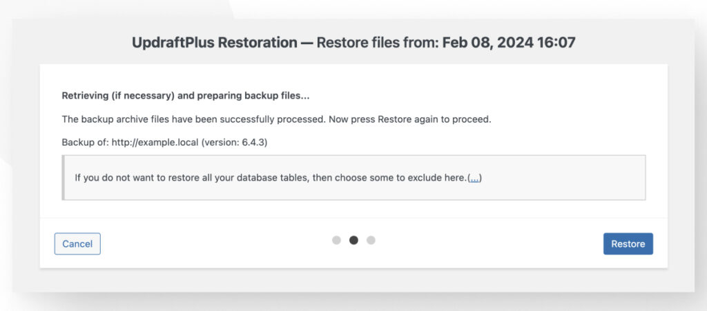 The "UpdraftPlus Restoration" interface for the WordPress plugin UpdraftPlus. The "Restore" button allows users to restore a WordPress backup