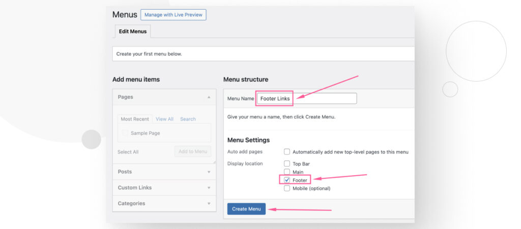 The Menus settings in WordPress. The user is creating a menu named "Footer Links" and checking the "Footer" checkbox, then clicking on "Create Menu"