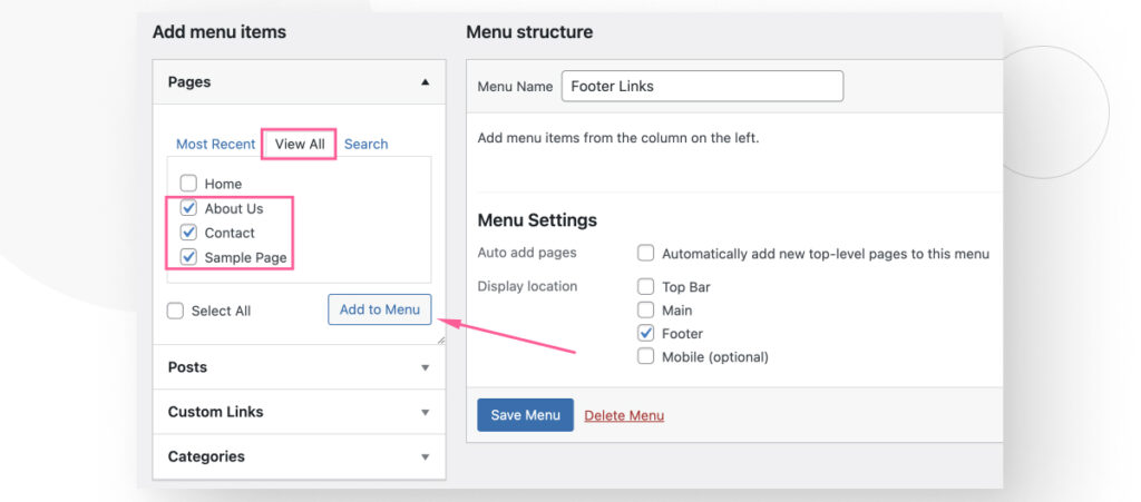 The Menus settings in WordPress. The user is adding the pages About Us, Contact, and Sample Page to the newly created Footer Links menu