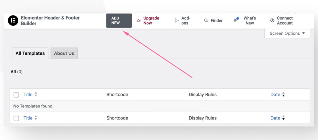 The interface of the plugin "Elementor Header and Footer Builder". An arrow highlights the "Add new" button.