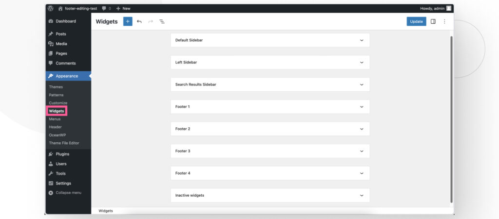 The Widgets menu in the WordPress admin dashboard, displaying the various sections where users can add widgets.