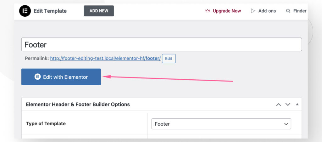 The interface of the plugin "Elementor Header and Footer Builder". An arrow highlights "Edit with Elementor" button