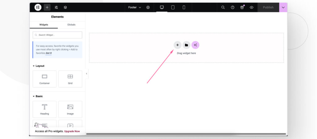 The Elementor page builder interface in WordPress. An arrow points to the button for creating a new container.