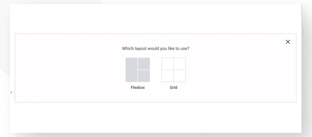 The Elementor page builder interface in WordPress. The user is choosing between layout options when creating a new container.