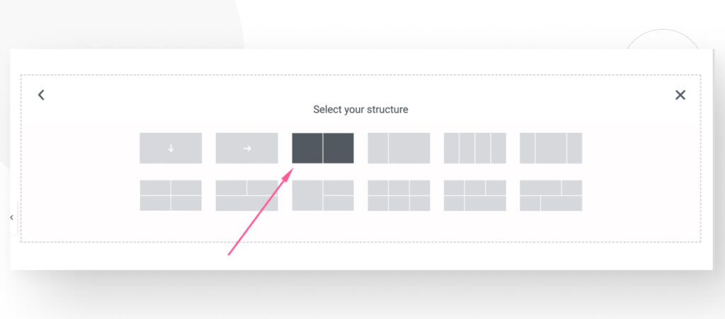 The Elementor page builder interface in WordPress. The user is choosing between various structures options when creating a new container.