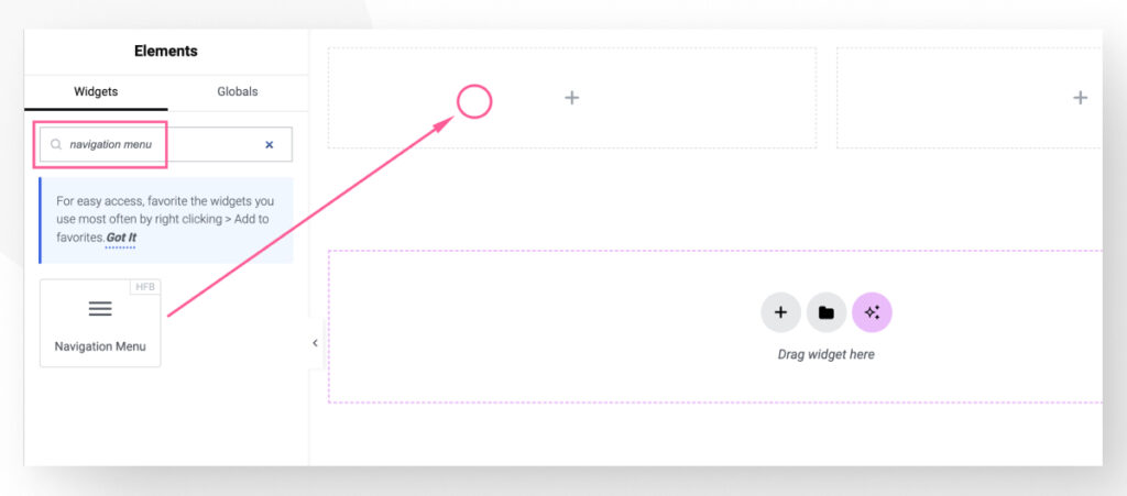 The Elementor page builder interface in WordPress. The user is dragging a "Navigation Menu" element into a container