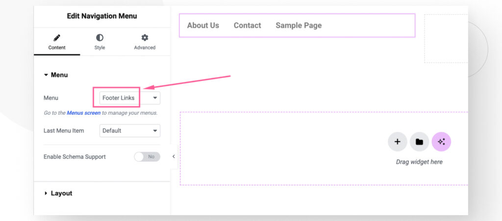 The Elementor page builder interface in WordPress. The user is selecting a menu to display inside a container.