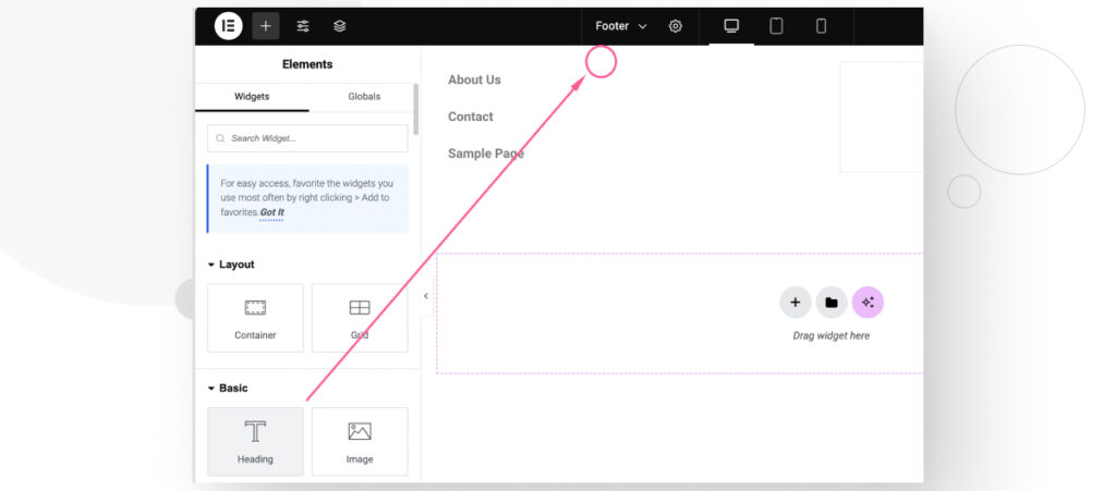 The Elementor page builder interface in WordPress. The user is dragging a "Heading" element into a container