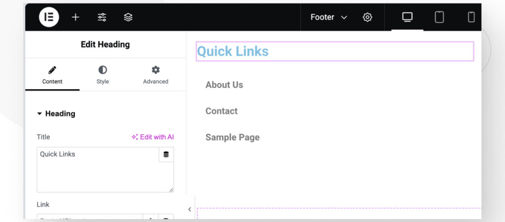 The Elementor page builder interface in WordPress. The user is inputting a heading element.