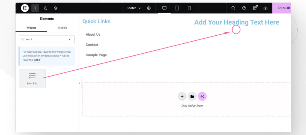 The Elementor page builder interface in WordPress. The user is dragging an "Icon List" element into a container