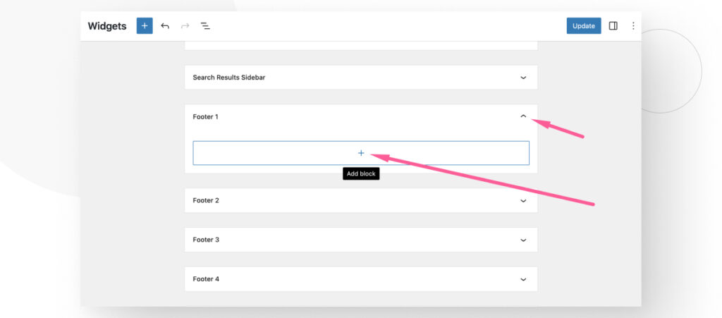 The Widgets menu in the WordPress admin dashboard. Two arrows point to the buttons to display the widgets in the "Footer 1" section and the button to add a new block.