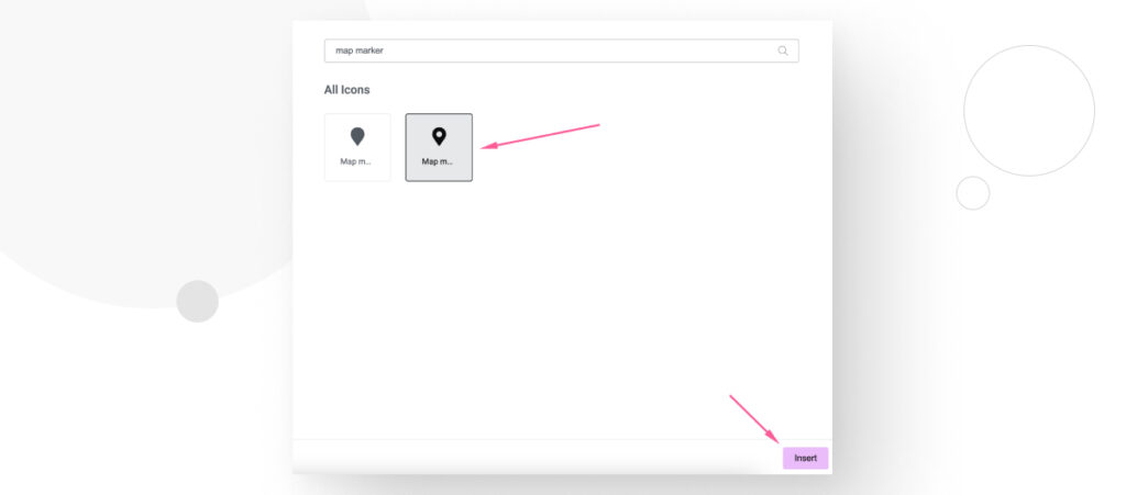 The Elementor page builder interface in WordPress. The user is searching for a "map marker" icon