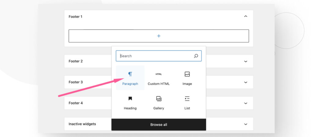 The Widgets menu in the WordPress admin dashboard. The user is about to add a new Paragraph block to the "Footer 1" section.