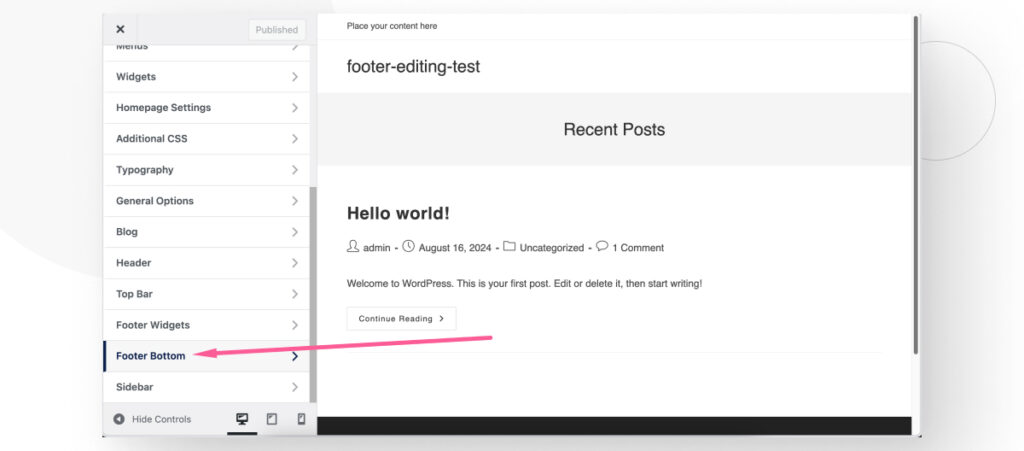 WordPress's Theme Customizer interface. An arrow points to the "Footer Bottom" section.