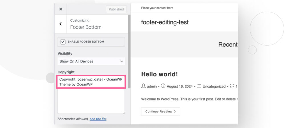 The Footer Bottom menu in WordPress's Theme Customizer interface. A square highlights the existing copyright text.