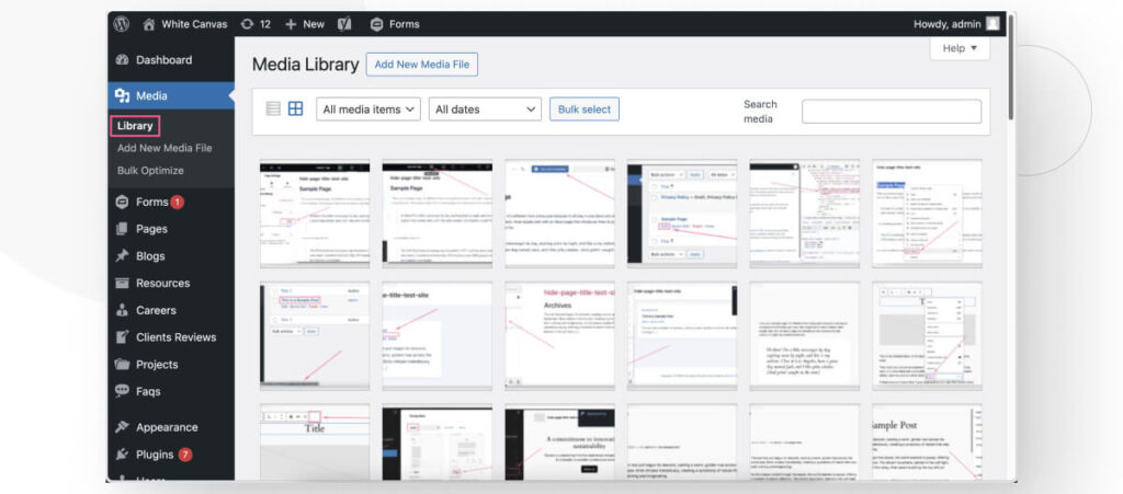 The contents of the WordPress Media Library, accessed via Media > Library from the admin dashboard