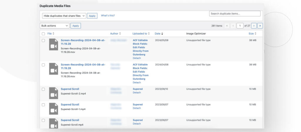 A list of all duplicate files in a WordPress site. The list was created using the Media Deduper plugin