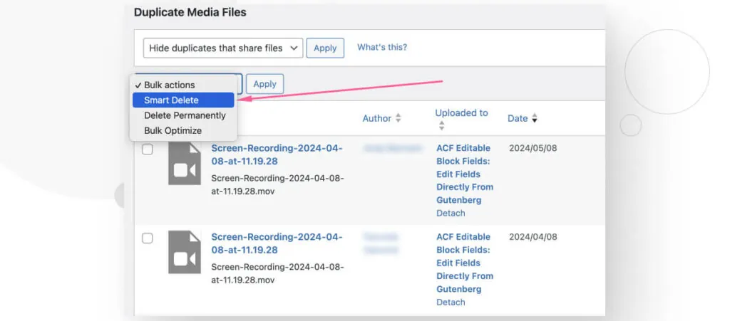 A list of all duplicate files in a WordPress site. The user is selecting "Smart Delete" from a dropdown menu, an option to delete all duplicate files while protecting featured images.