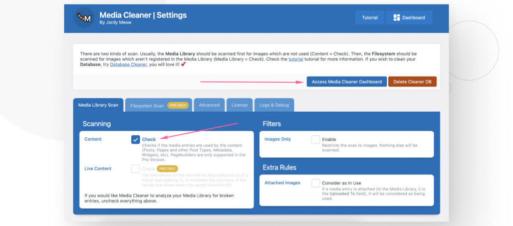 The interface of the Media Cleanup WordPress plugin. An arrow highlights the button to run a scan that finds unused media files.