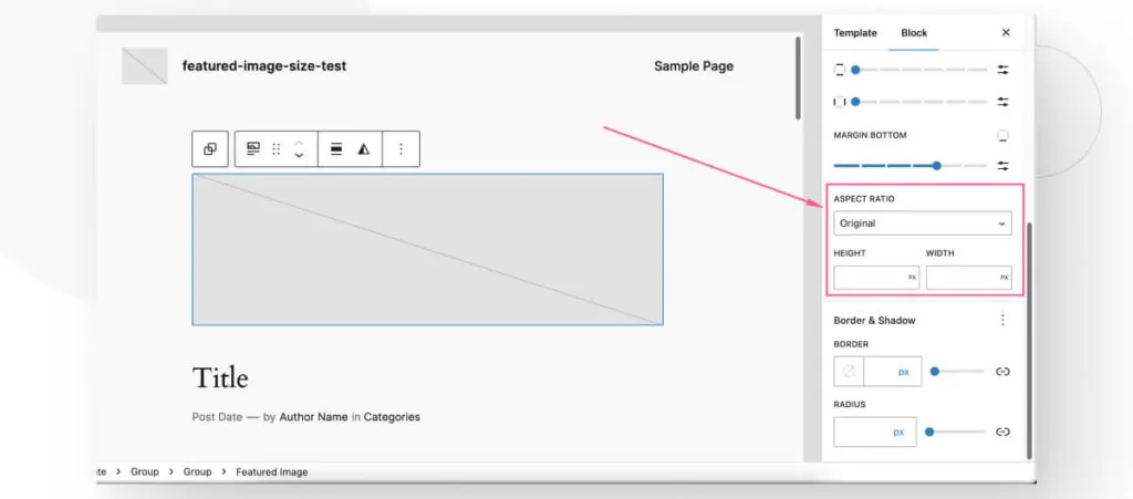 The settings to adjust the size of the featured image in WordPress's Site Editor