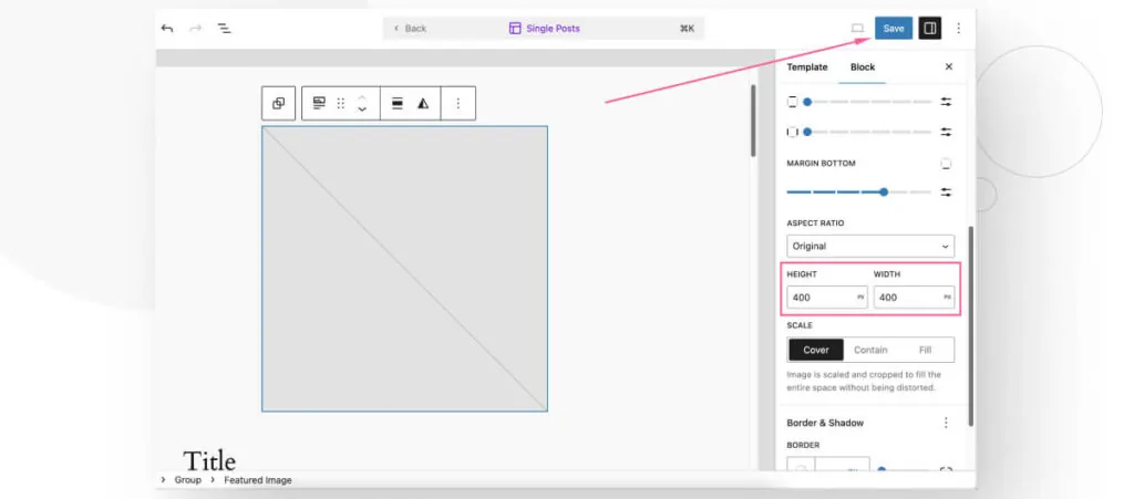 The settings to adjust the size of the featured image in WordPress's Site Editor