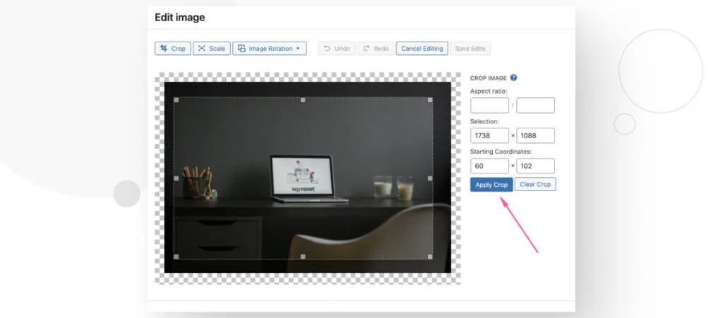 The "Edit Image" menu in WordPress's Media Library. An arrow highlights the "Apply Crop" button