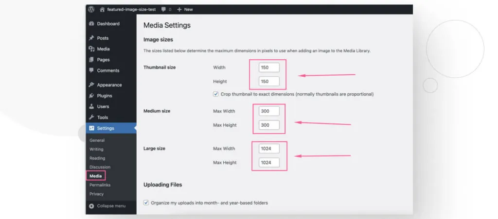 The "Media Settings" in WordPress. Various options allow you to change the sizes of the copies WordPress creates for every uploaded image