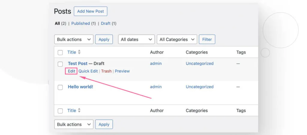 The WordPress "Posts" menu, showing all the posts on a website. The "Edit" button is highlighted