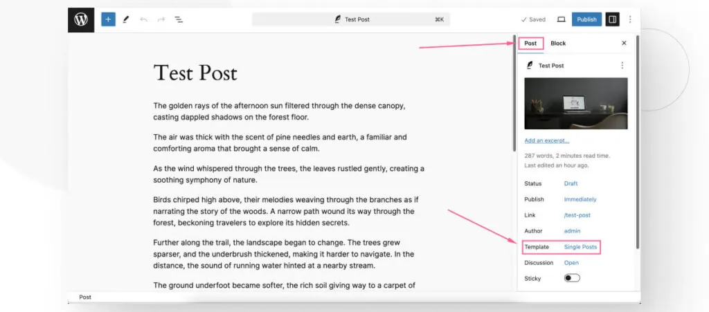 A WordPress post in the Gutenberg editor. Various settings related to the post's template are highlighted