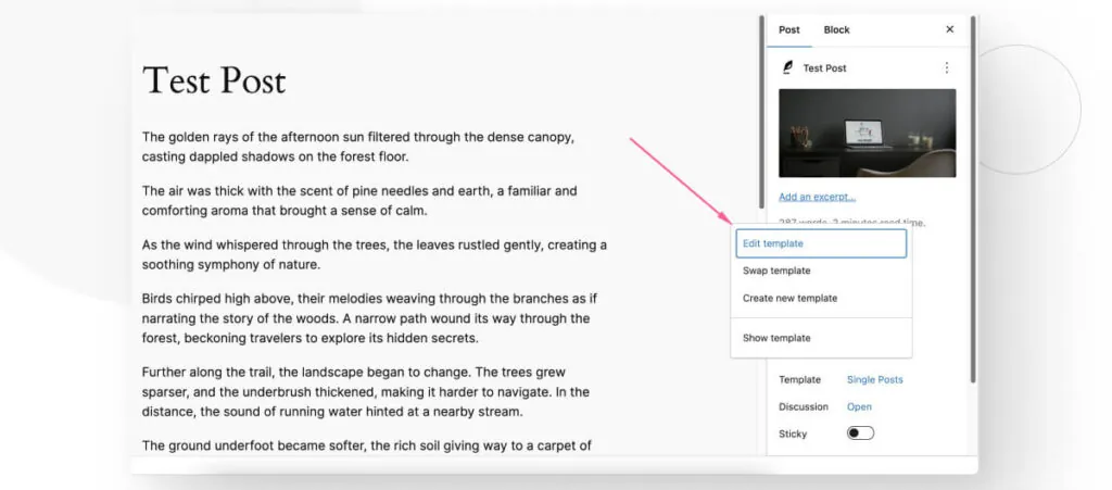 The "Edit Template" button on WordPress's Gutenberg editor