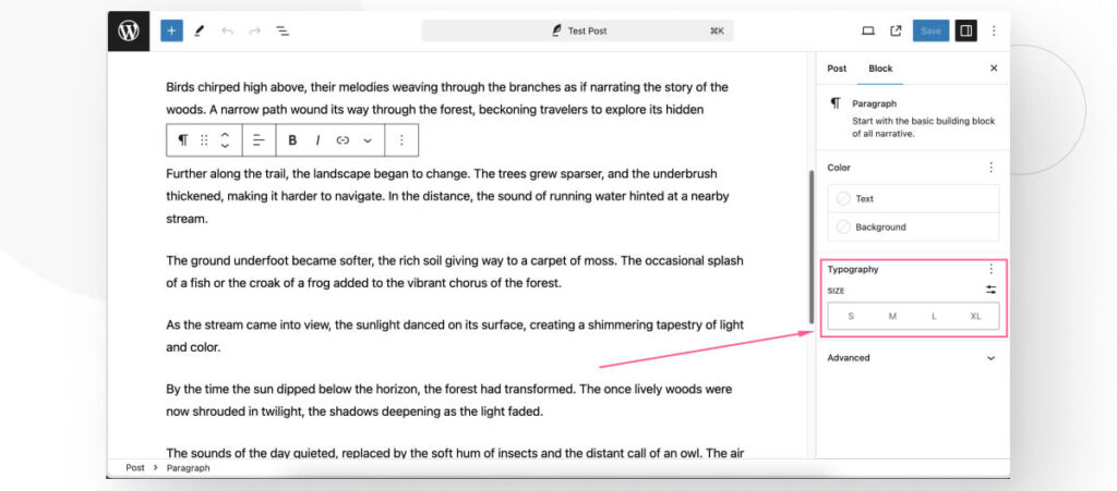 The Gutenberg interface, highlighting the Typography options of the Paragraph block
