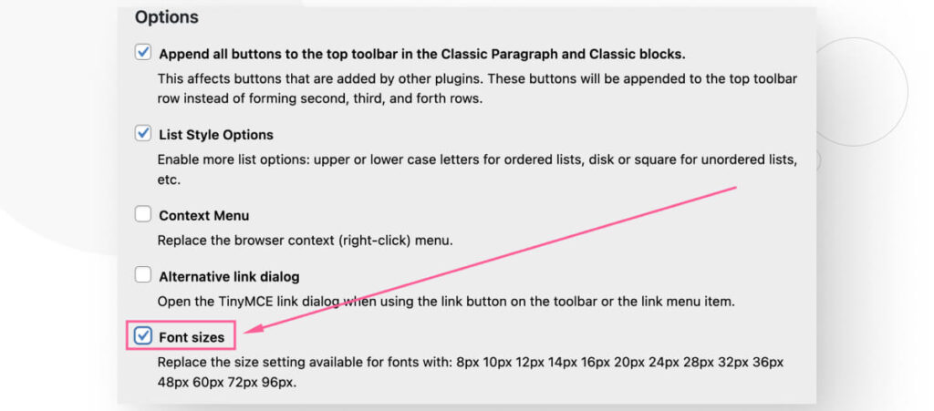 The settings for the Advanced Editor Tools plugin for WordPress. An arrow highlights the Font Sizes checkbox