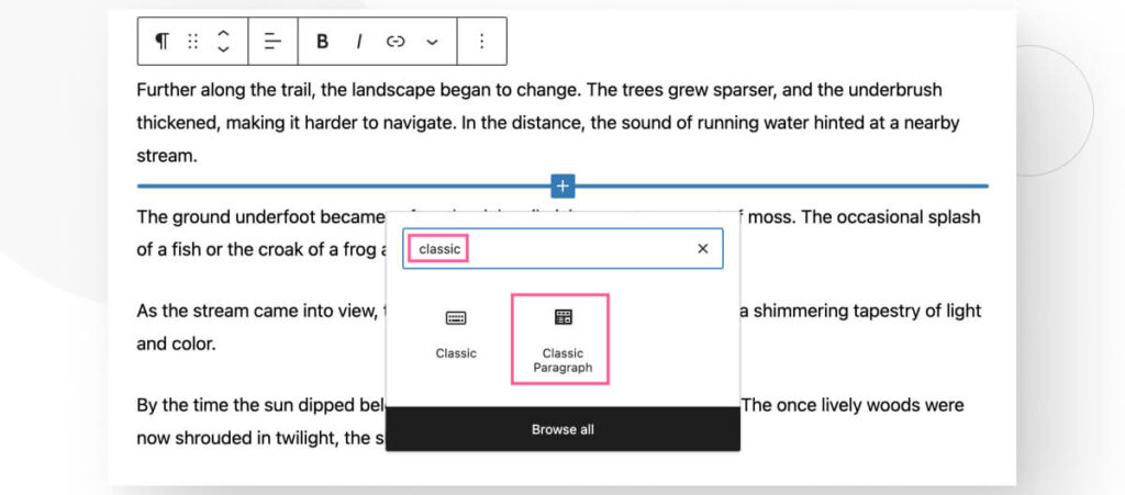 The Gutenberg editor interface. The user is searching for the Classic Paragraph block, which is added by the 