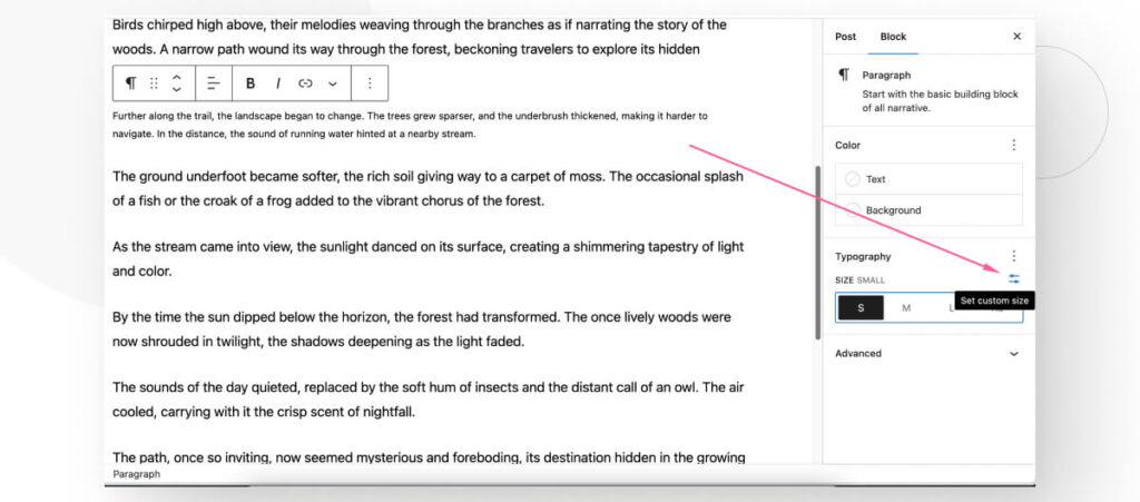 The Gutenberg interface, highlighting the "Set custom size" button on the Typography options of the Paragraph block