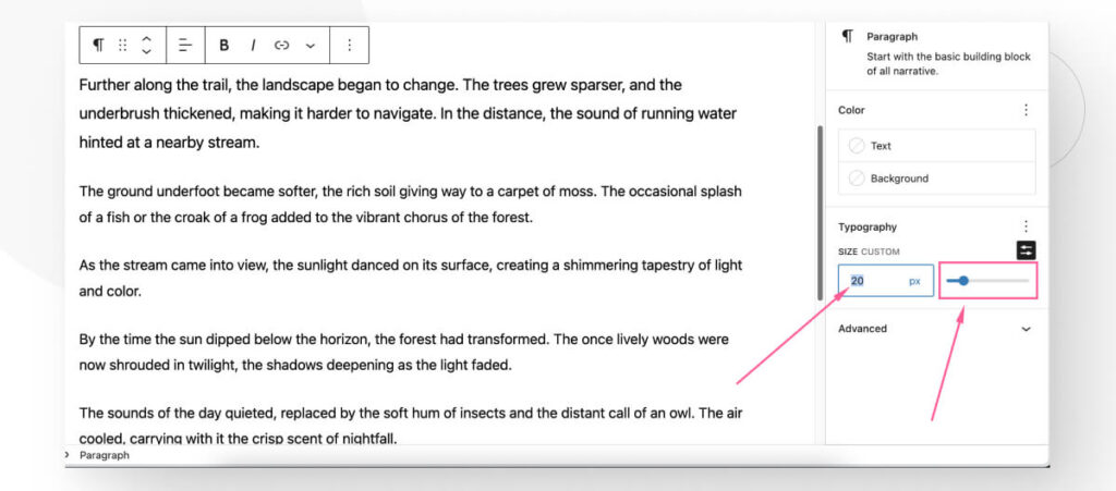 The Gutenberg interface, highlighting the text box to set a custom font and the slider to modify font size in the Typography options of the Paragraph block